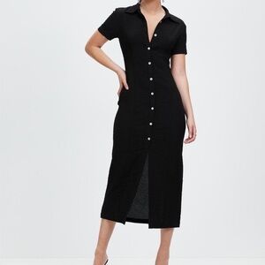 [M]April Cornell Elegant Black Pearl Button-Down Midi - Maxi Dress Double Slits